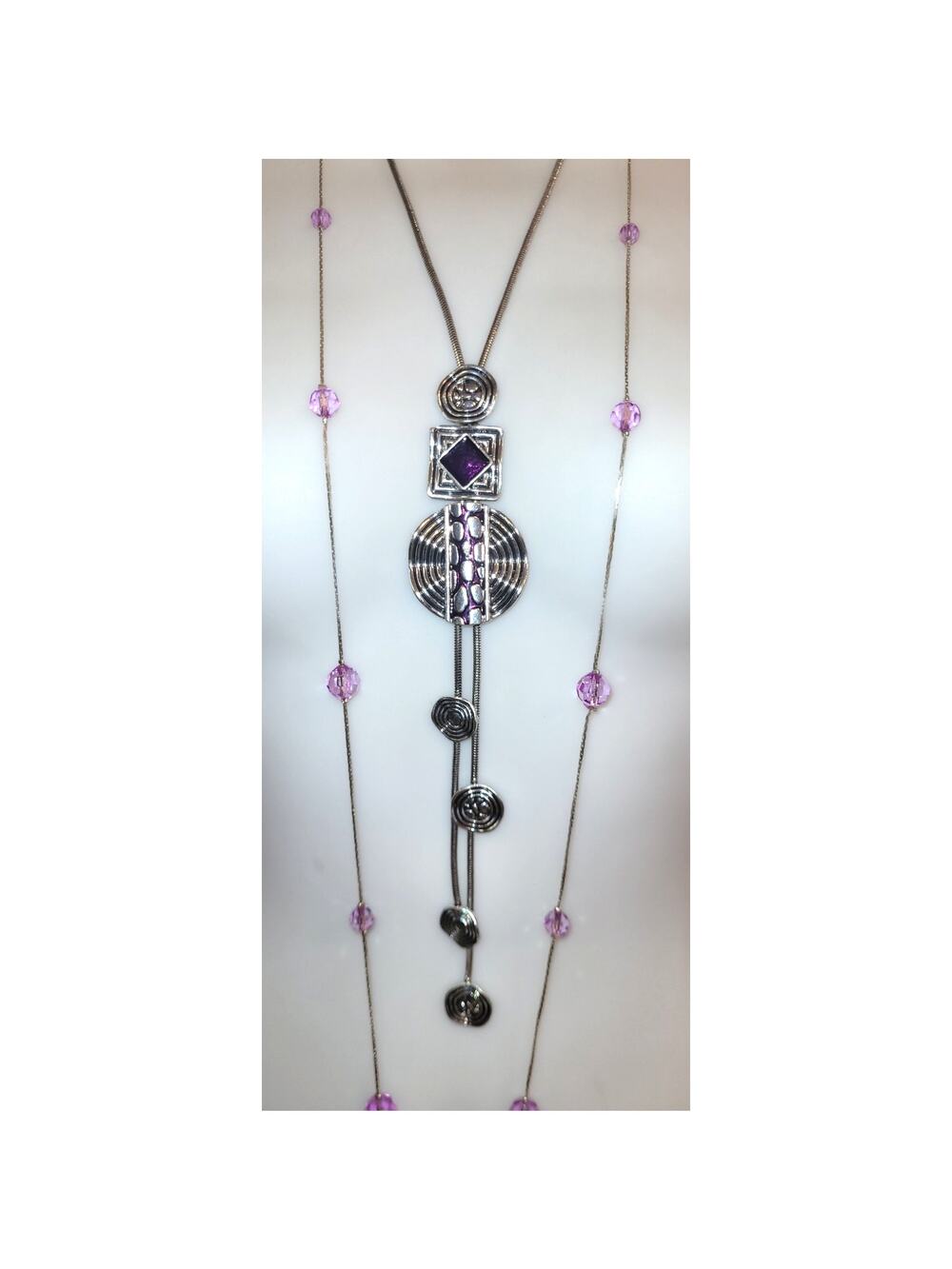Lot of 2 Purple Necklaces Silvertone Dramatic Y Drop Pendant Long Station Beaded